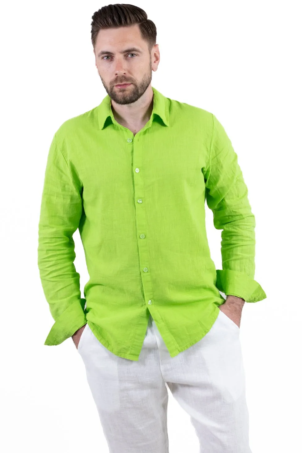 Cămașă verde măr 100% din in cu guler clasic [7]