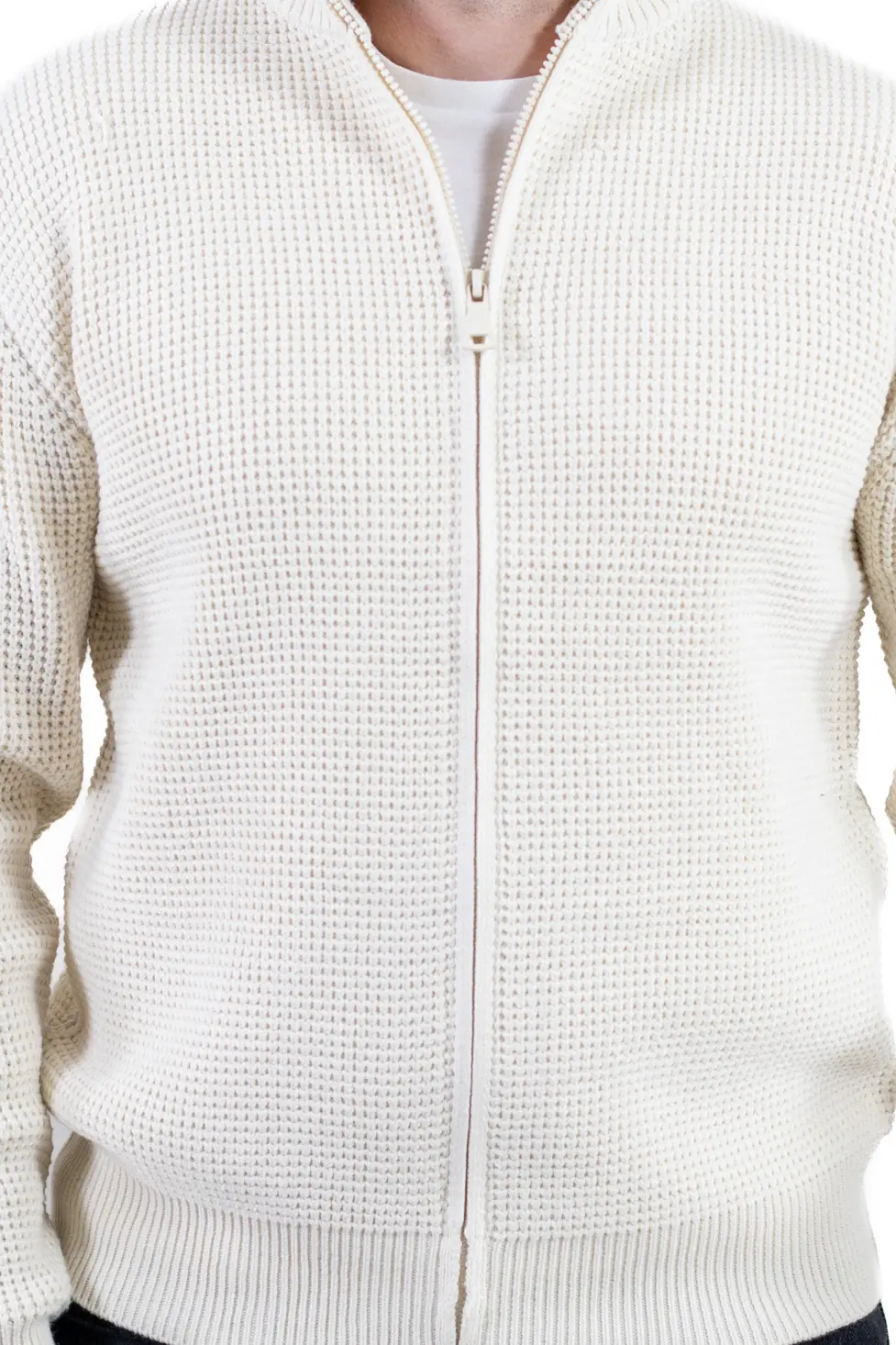 Cardigan bărbați crem din tricot cu fermoar și guler semi-înalt [2]