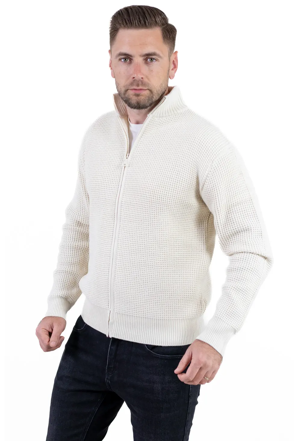 Cardigan bărbați crem din tricot cu fermoar și guler semi-înalt [7]