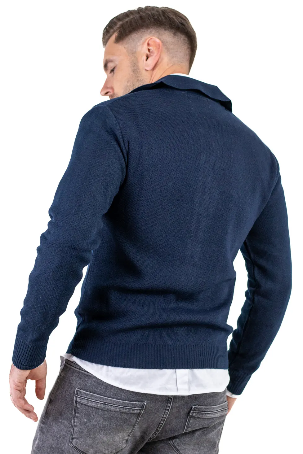 Cardigan bleumarin din tricot cu fermoar si guler normal [6]