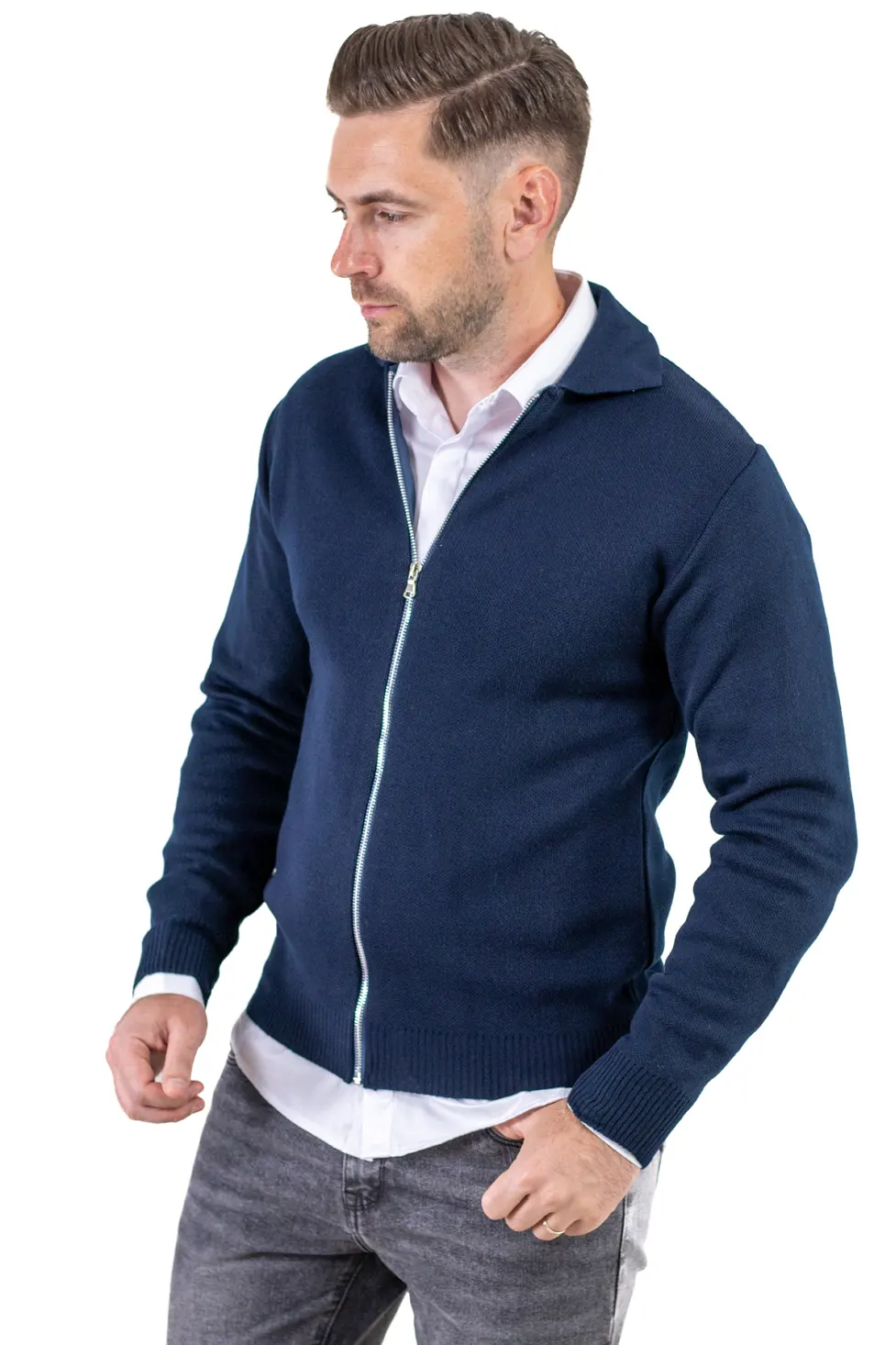 Cardigan bleumarin din tricot cu fermoar si guler normal [4]