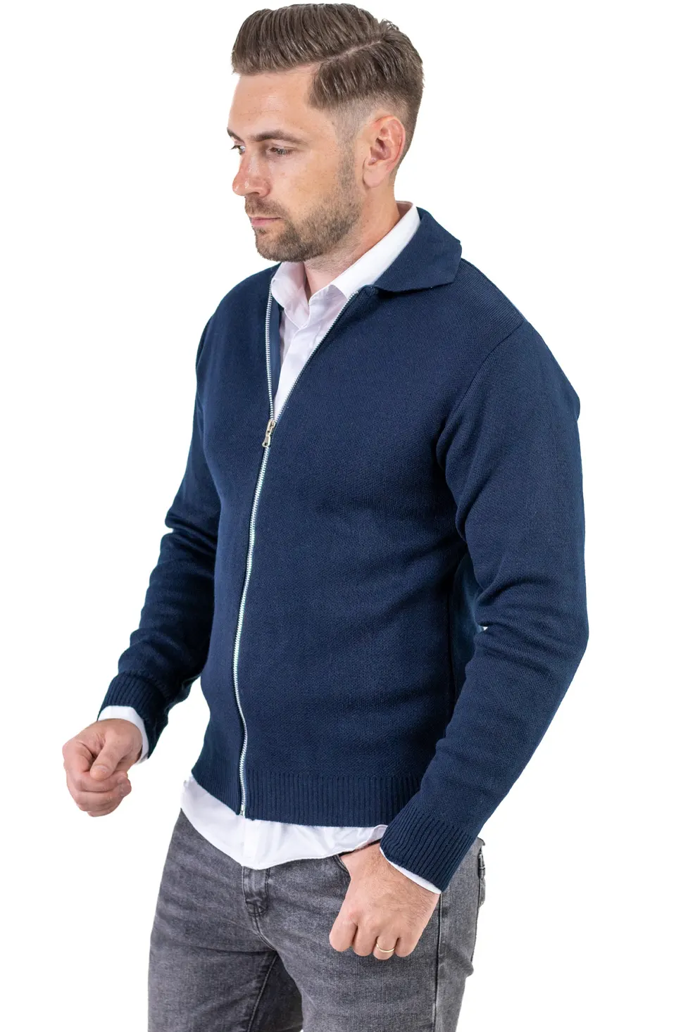 Cardigan bleumarin din tricot cu fermoar si guler normal [3]