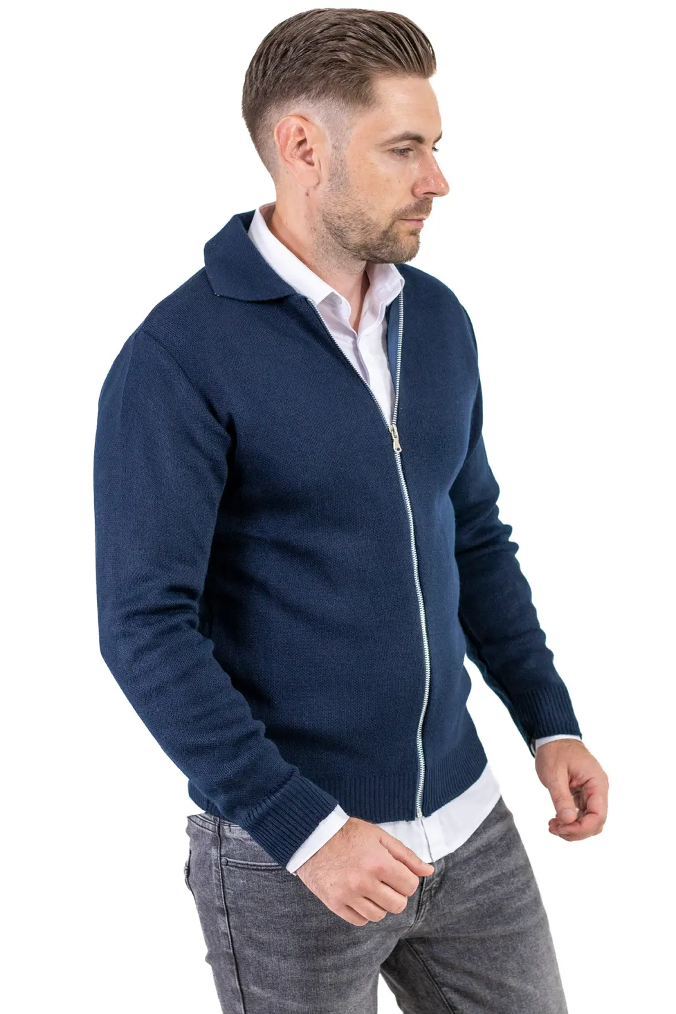 Cardigan bleumarin din tricot cu fermoar si guler normal [2]