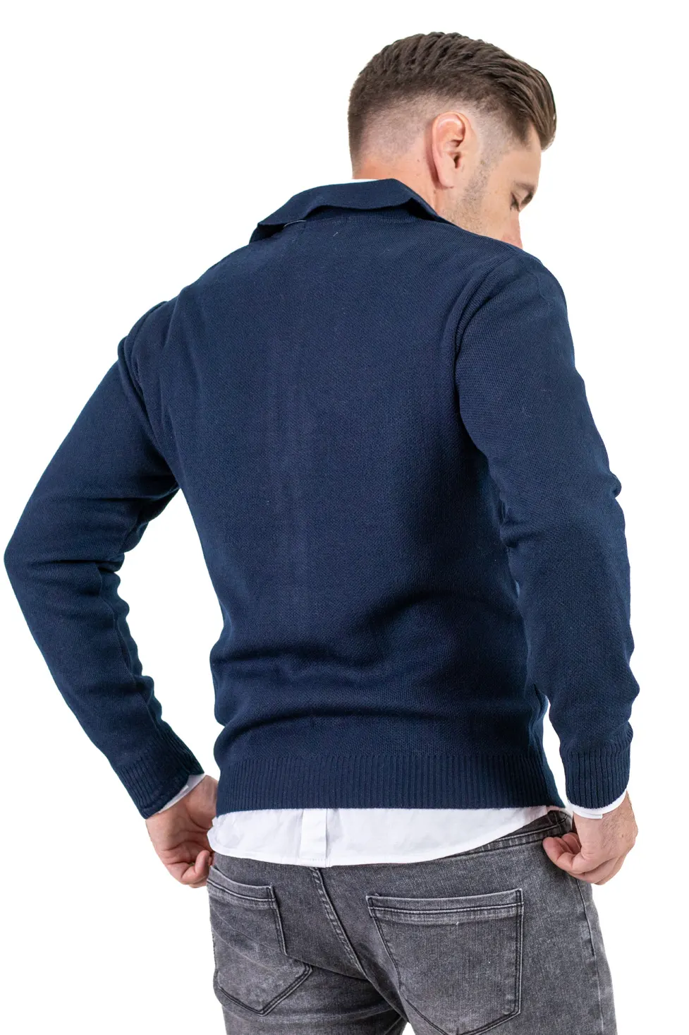 Cardigan bleumarin din tricot cu fermoar si guler normal [5]