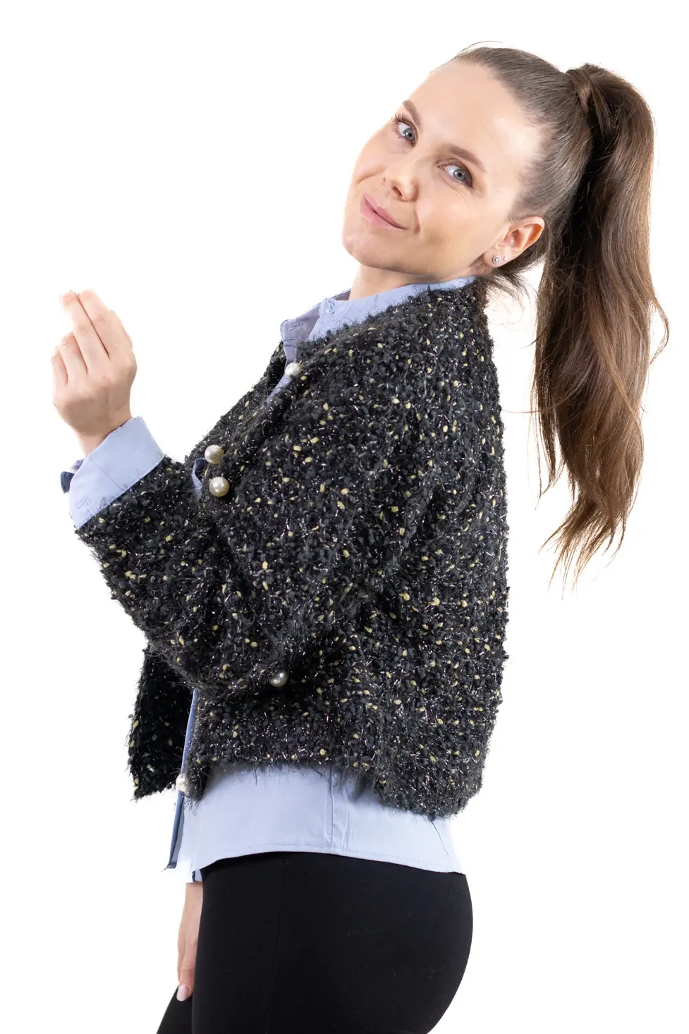Cardigan buclé cu nasturi tip perlă – tricot elegant pentru femei [4]