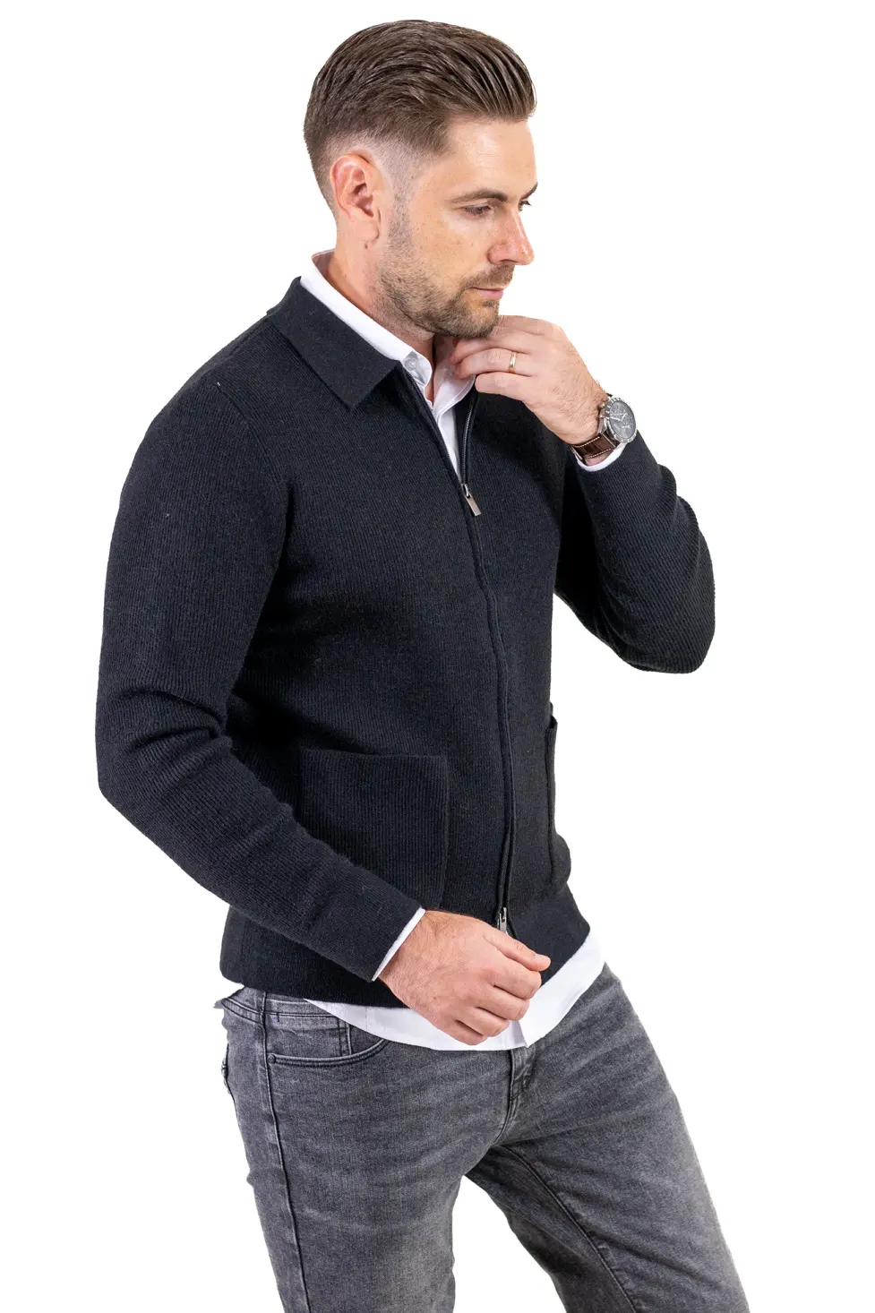 Cardigan elegant bărbați cu fermoar dublu șiguler clasic, negru [7]
