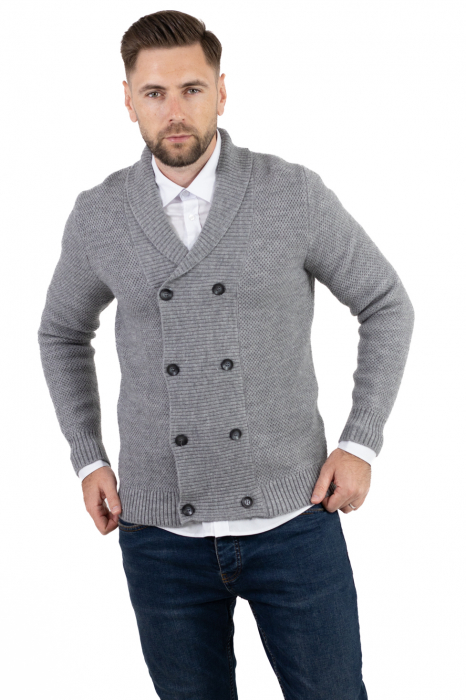 Cardigan din tricot gri pentru bărbați cu 8 nasturi și guler cu rever [8]