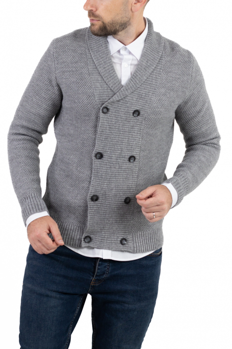 Cardigan din tricot gri pentru bărbați cu 8 nasturi și guler cu rever [7]