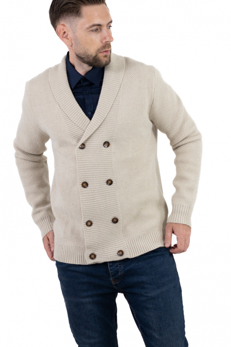 Cardigan din tricot crem pentru bărbați cu 8 nasturi și guler cu rever [7]