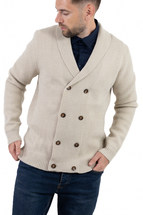 Cardigan din tricot crem pentru bărbați cu 8 nasturi și guler cu rever [8]