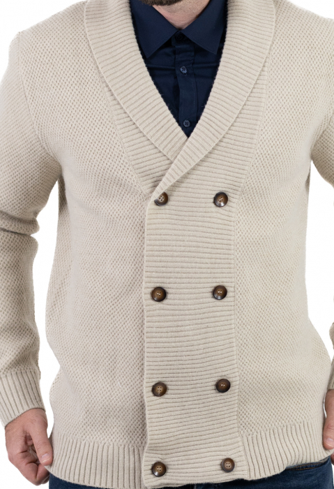 Cardigan din tricot crem pentru bărbați cu 8 nasturi și guler cu rever [3]