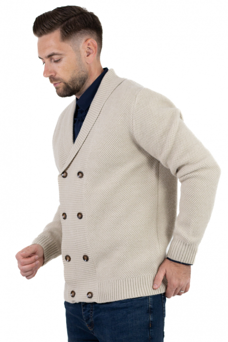Cardigan din tricot crem pentru bărbați cu 8 nasturi și guler cu rever [4]