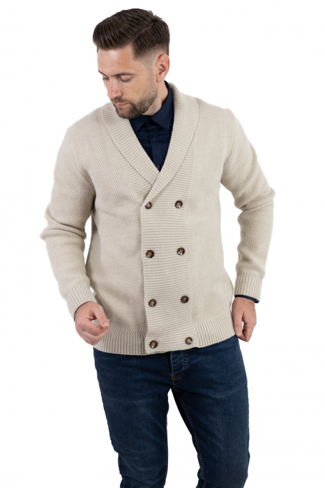 Cardigan din tricot crem pentru bărbați cu 8 nasturi și guler cu rever [5]