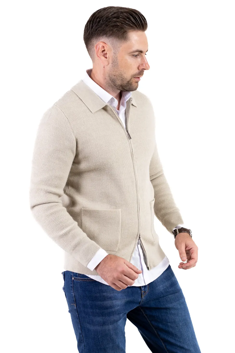 Cardigan elegant bărbați cu fermoar dublu șiguler clasic, crem [2]