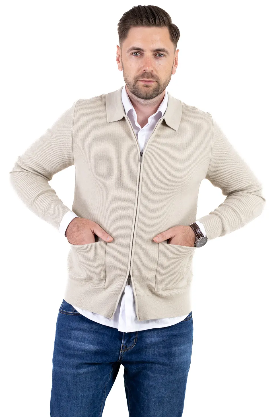 Cardigan elegant bărbați cu fermoar dublu șiguler clasic, crem [8]