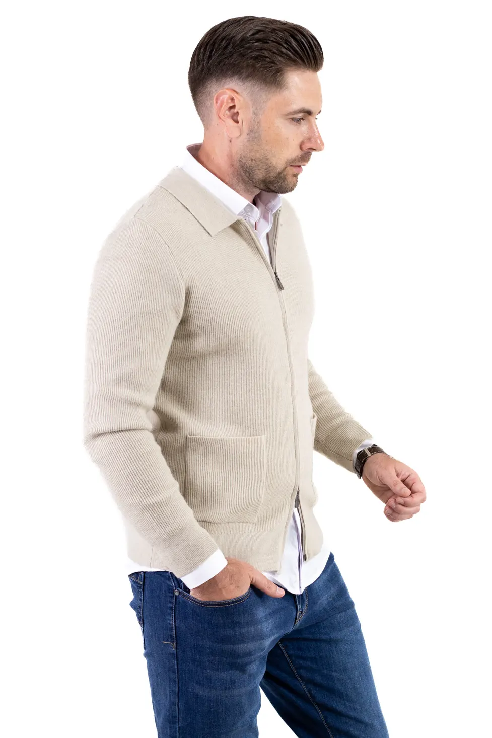 Cardigan elegant bărbați cu fermoar dublu șiguler clasic, crem [4]