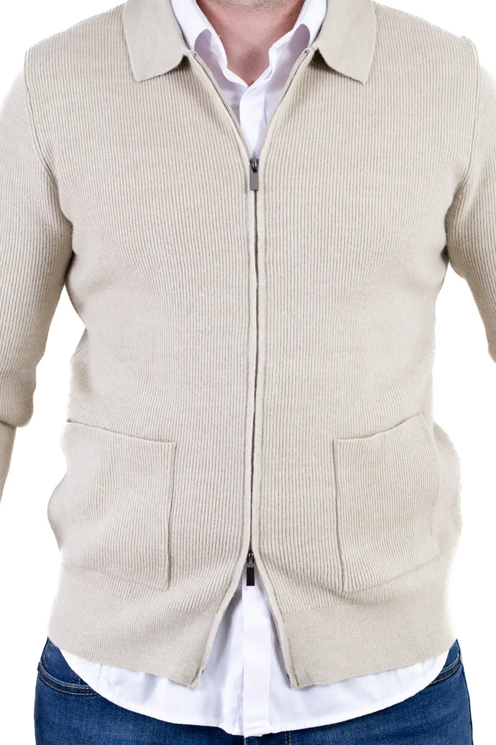 Cardigan elegant bărbați cu fermoar dublu șiguler clasic, crem [11]