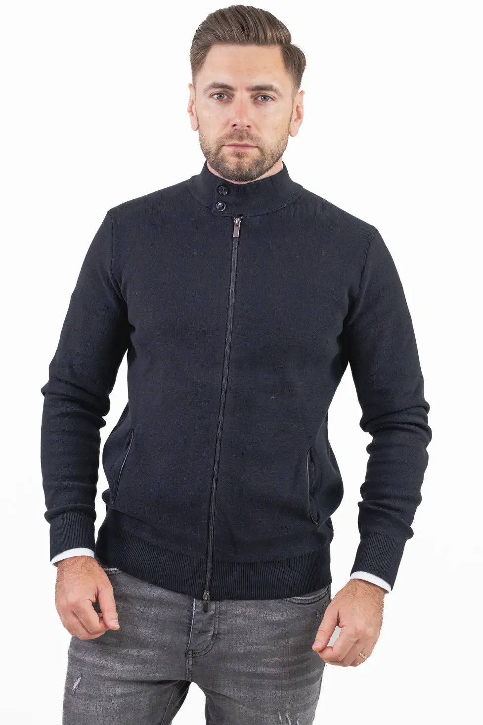 Cardigan elegant bărbați negru cu fermoar dublu [4]