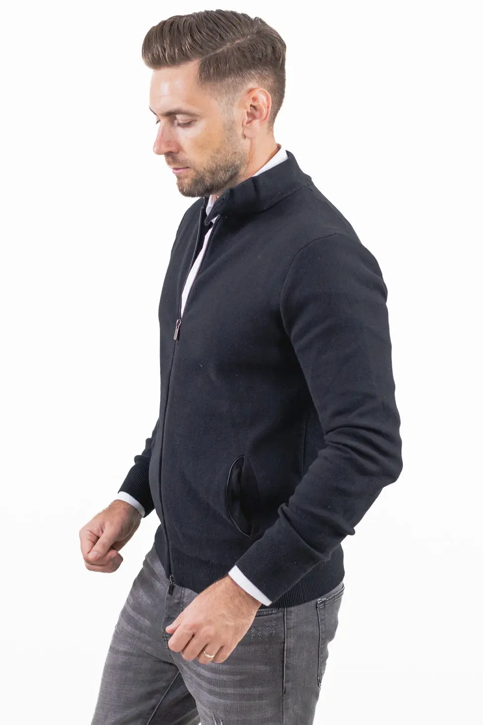 Cardigan elegant bărbați negru cu fermoar dublu [11]