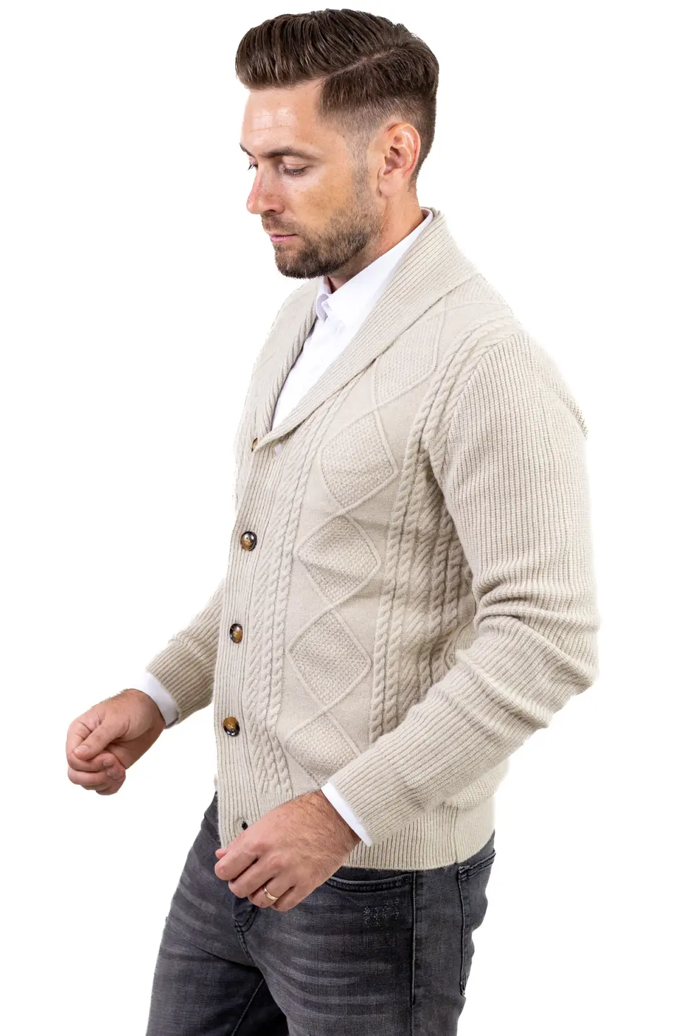 Cardigan bărbați bej cu torsade și rever [5]