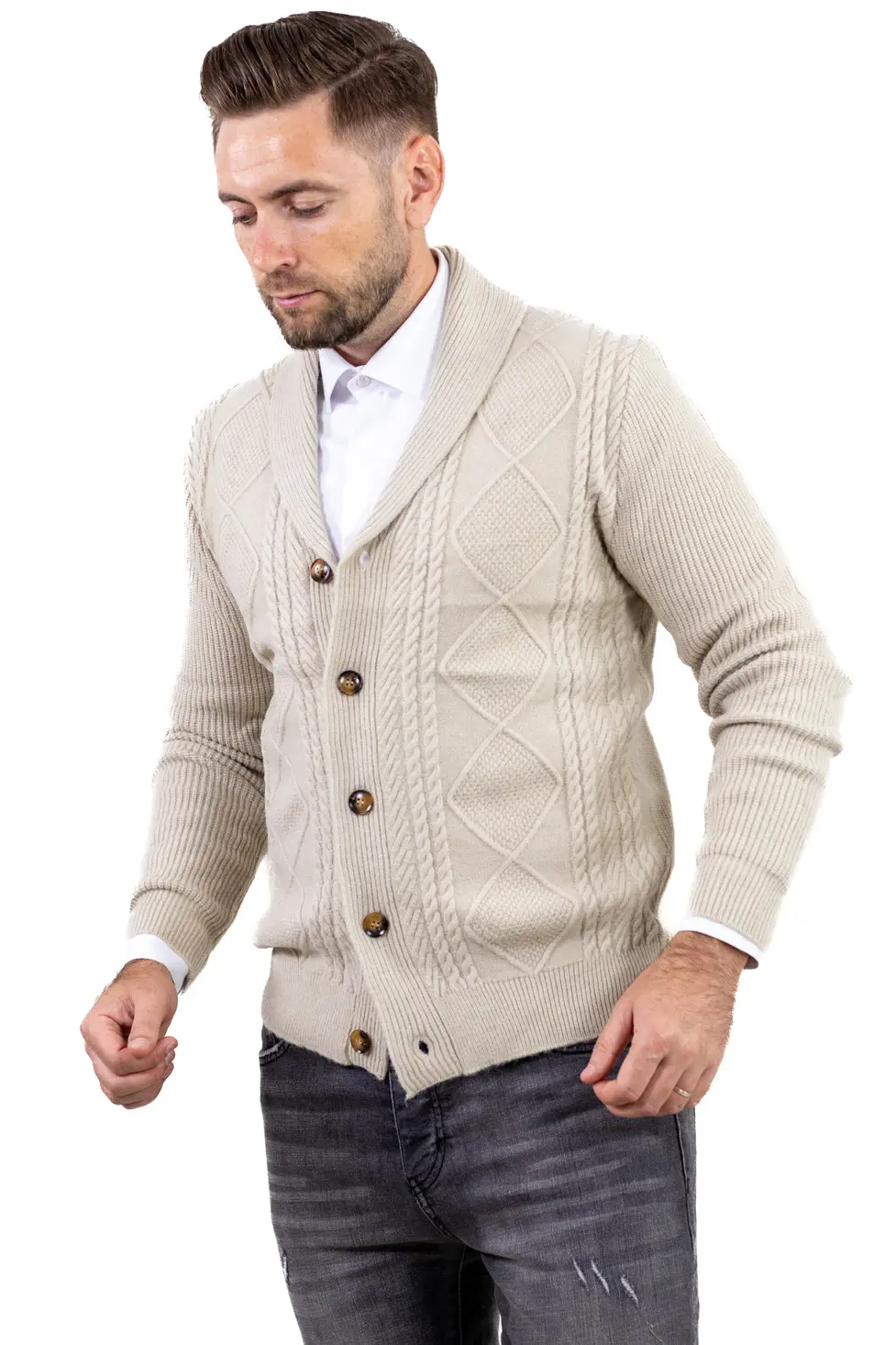 Cardigan bărbați bej cu torsade și rever [3]