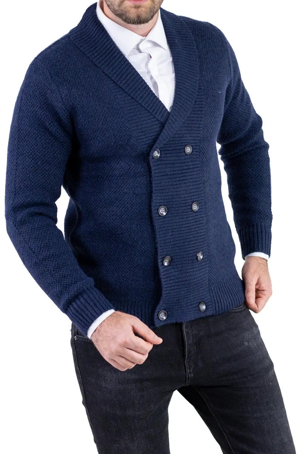 Cardigan bleumarin bărbați elegant cu rever și nasturi [10]