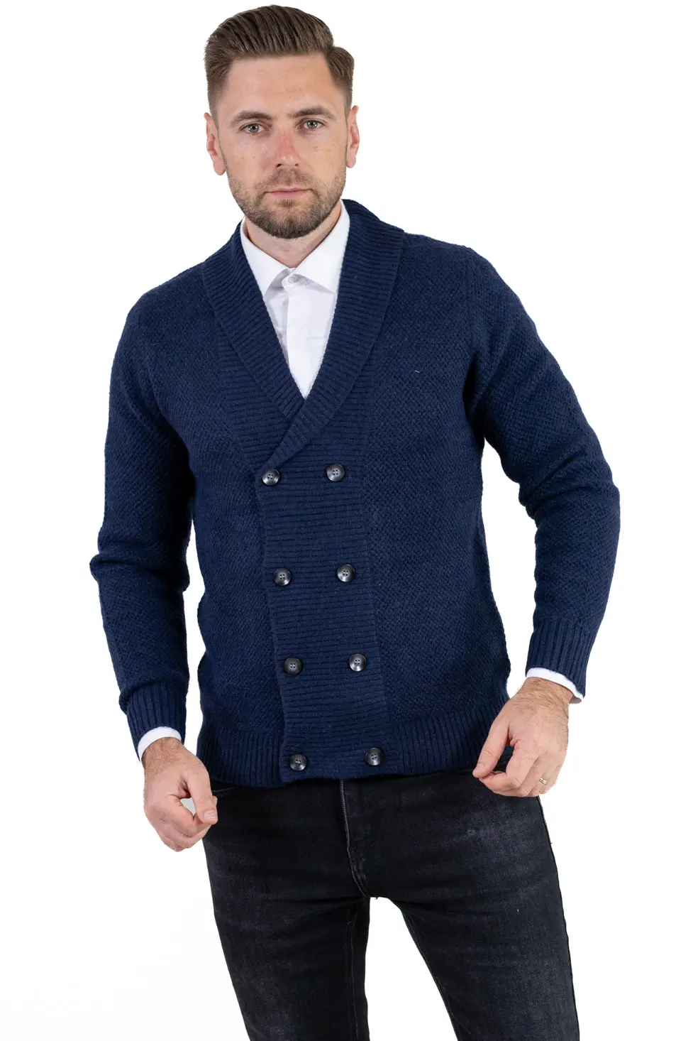 Cardigan bleumarin bărbați elegant cu rever și nasturi [5]