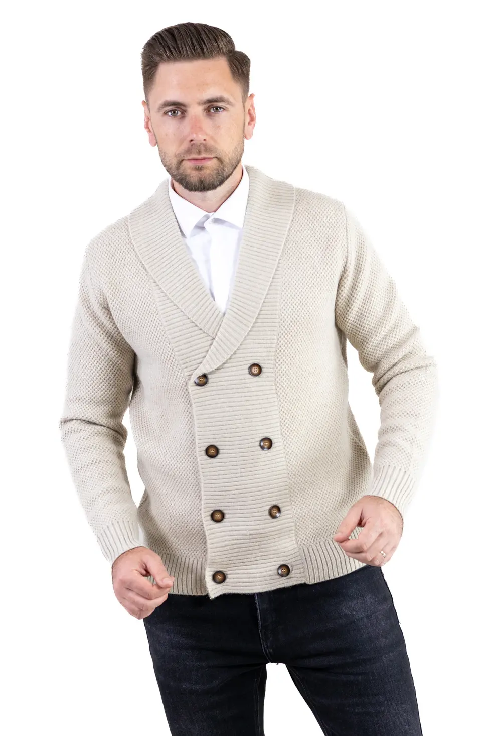 Cardigan crem bărbați elegant cu rever și nasturi [5]
