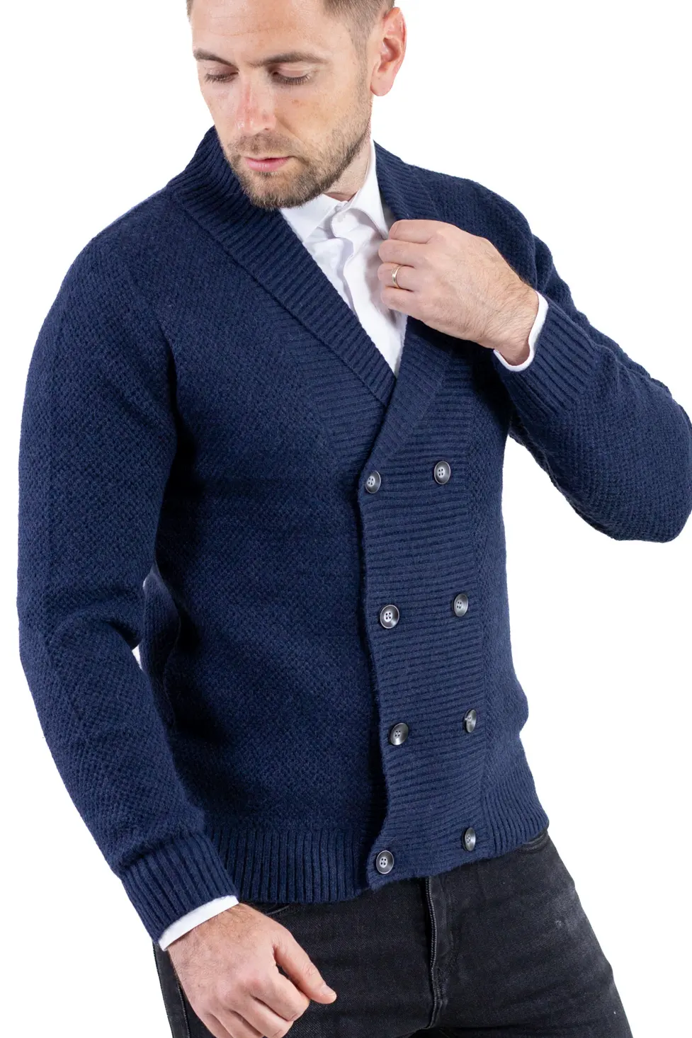 Cardigan bleumarin bărbați elegant cu rever și nasturi [8]
