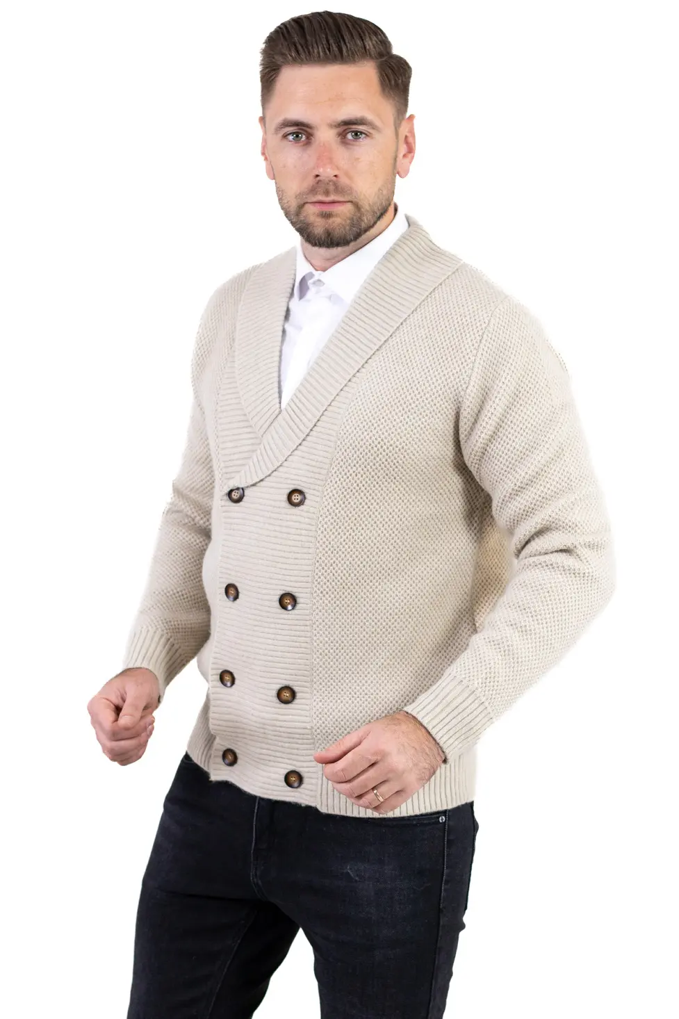 Cardigan crem bărbați elegant cu rever și nasturi [4]
