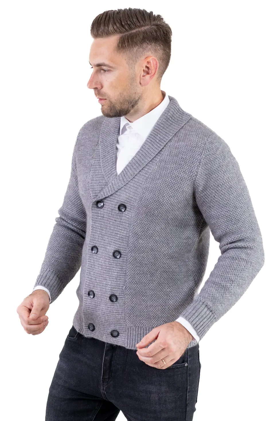 Cardigan gri bărbați elegant cu rever și nasturi [6]