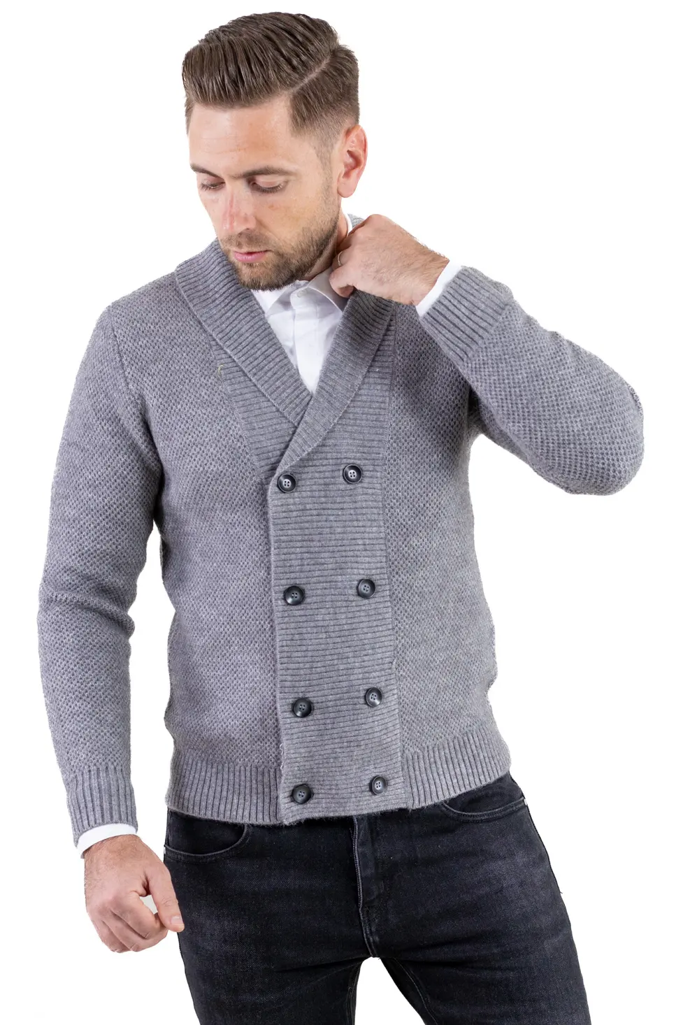 Cardigan gri bărbați elegant cu rever și nasturi [11]