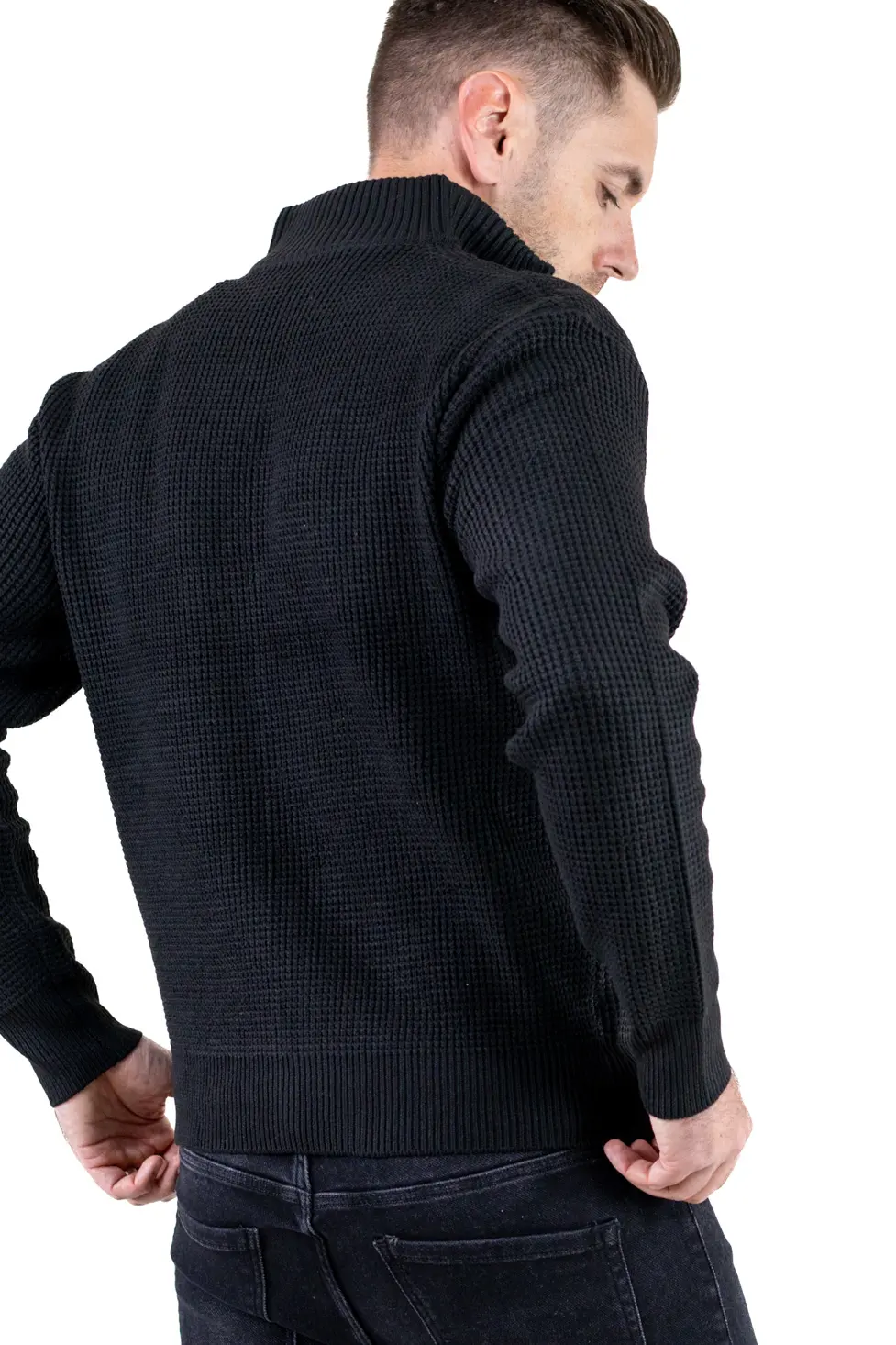 Cardigan bărbați negru din tricot cu fermoar și guler semi-înalt [7]