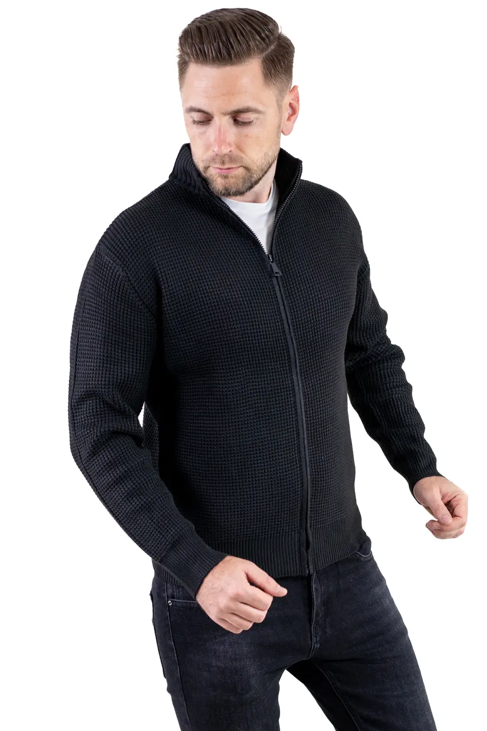 Cardigan bărbați negru din tricot cu fermoar și guler semi-înalt [4]