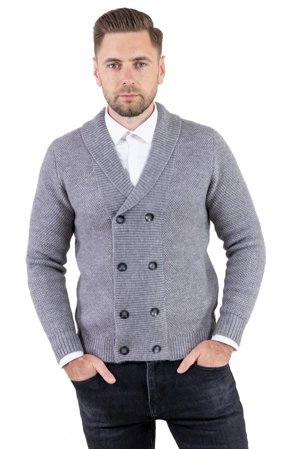 Cardigan gri bărbați elegant cu rever și nasturi [1]
