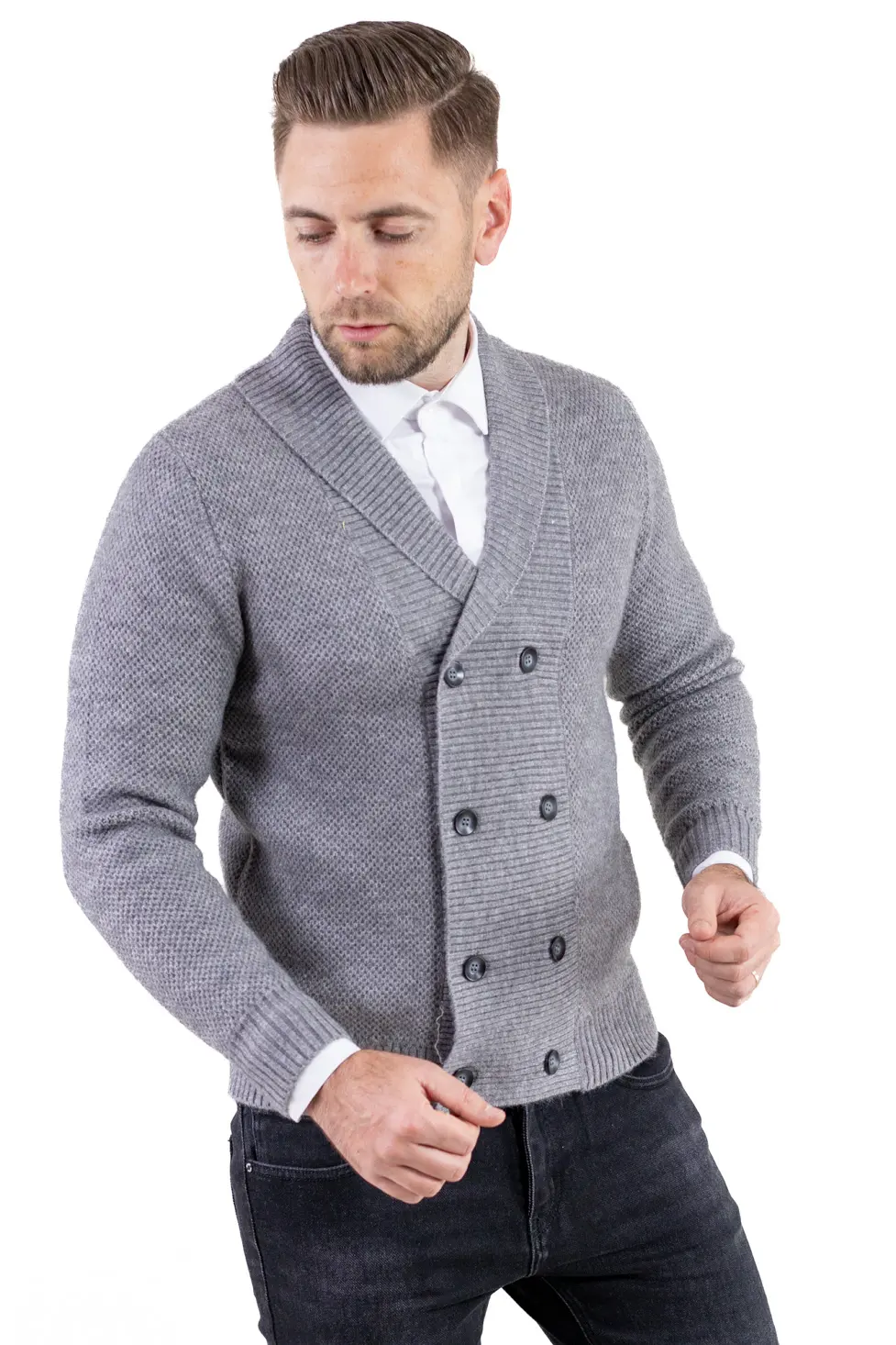 Cardigan gri bărbați elegant cu rever și nasturi [4]