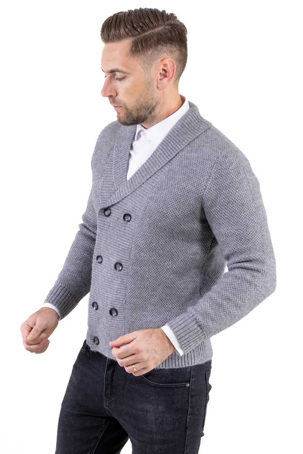 Cardigan gri bărbați elegant cu rever și nasturi [10]