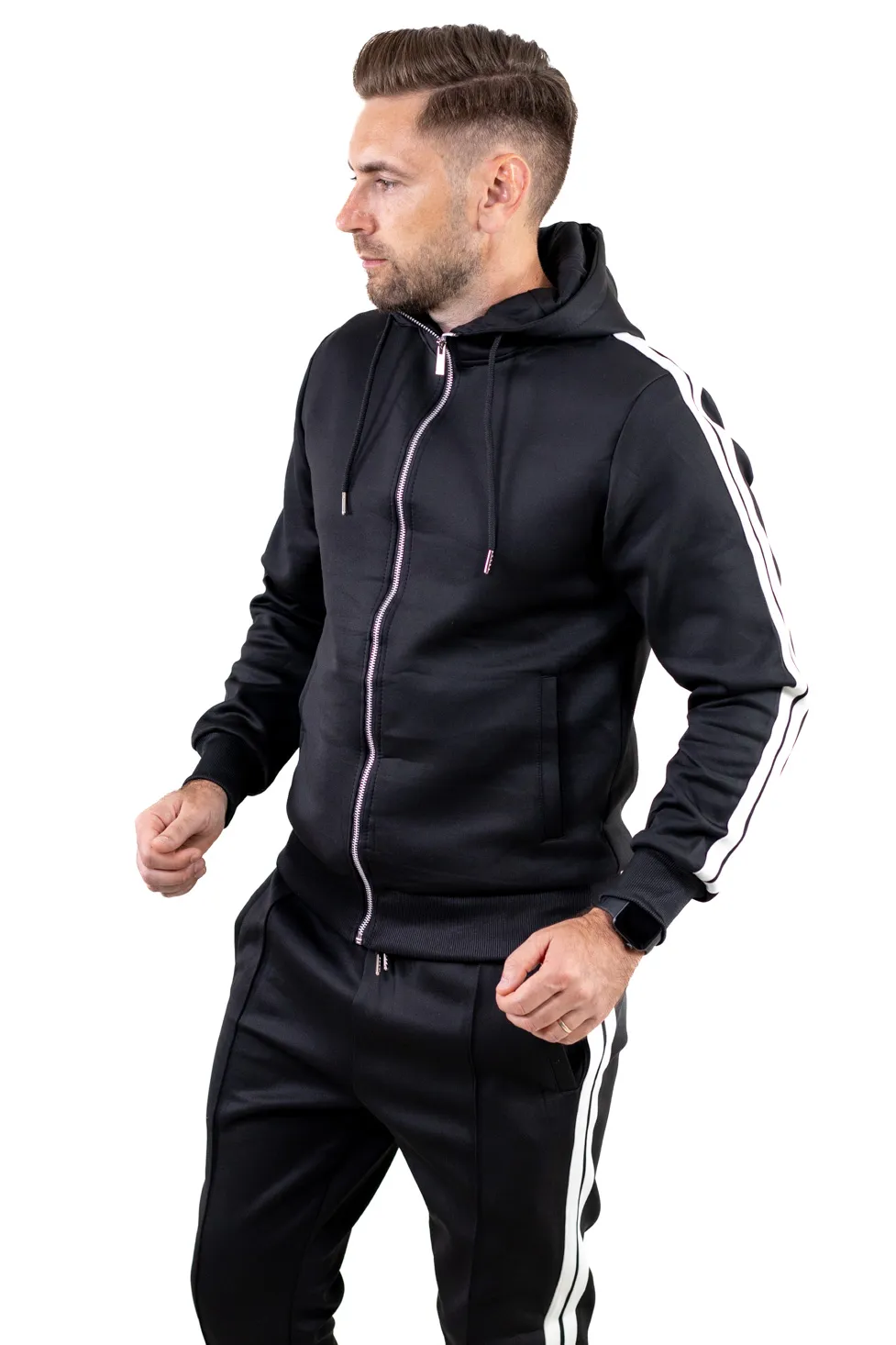 Compleu sport negru cu dungi laterale albe și glugă [2]