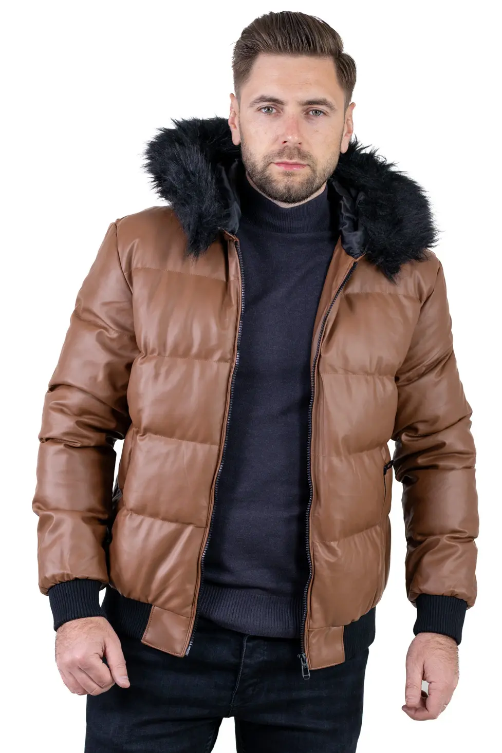 Geacă iarnă bărbați din piele ecologică cu blăniță [7]