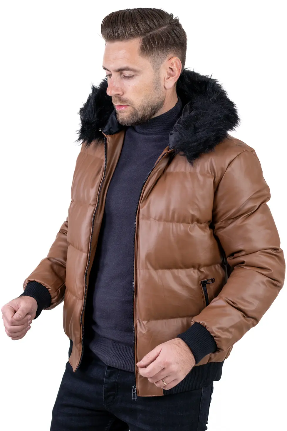 Geacă iarnă bărbați din piele ecologică cu blăniță [2]