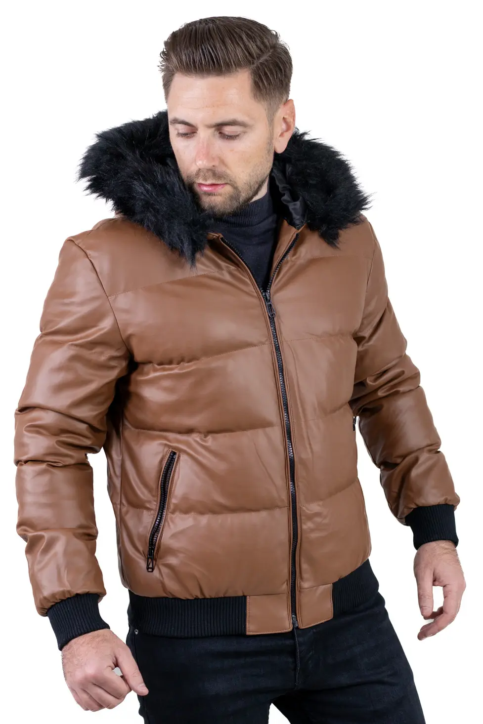Geacă iarnă bărbați din piele ecologică cu blăniță [3]