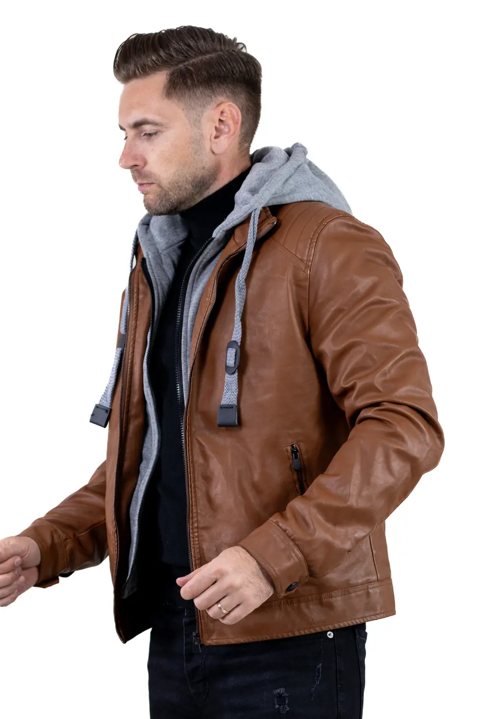 Geacă piele ecologică bărbați cu glugă detașabilă – maro | Maxwear [2]