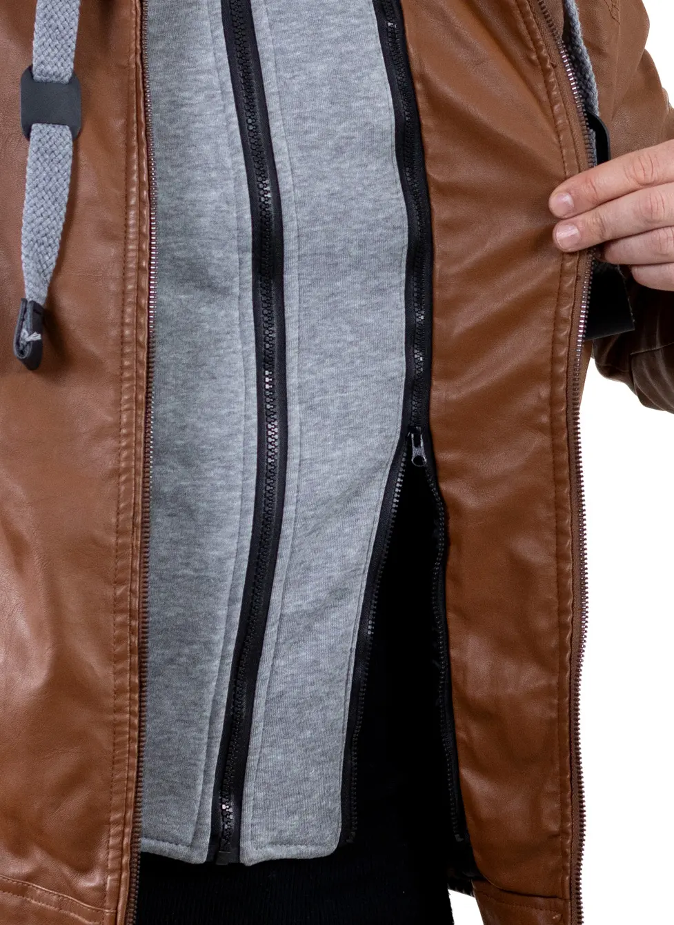 Geacă piele ecologică bărbați cu glugă detașabilă – maro | Maxwear [10]