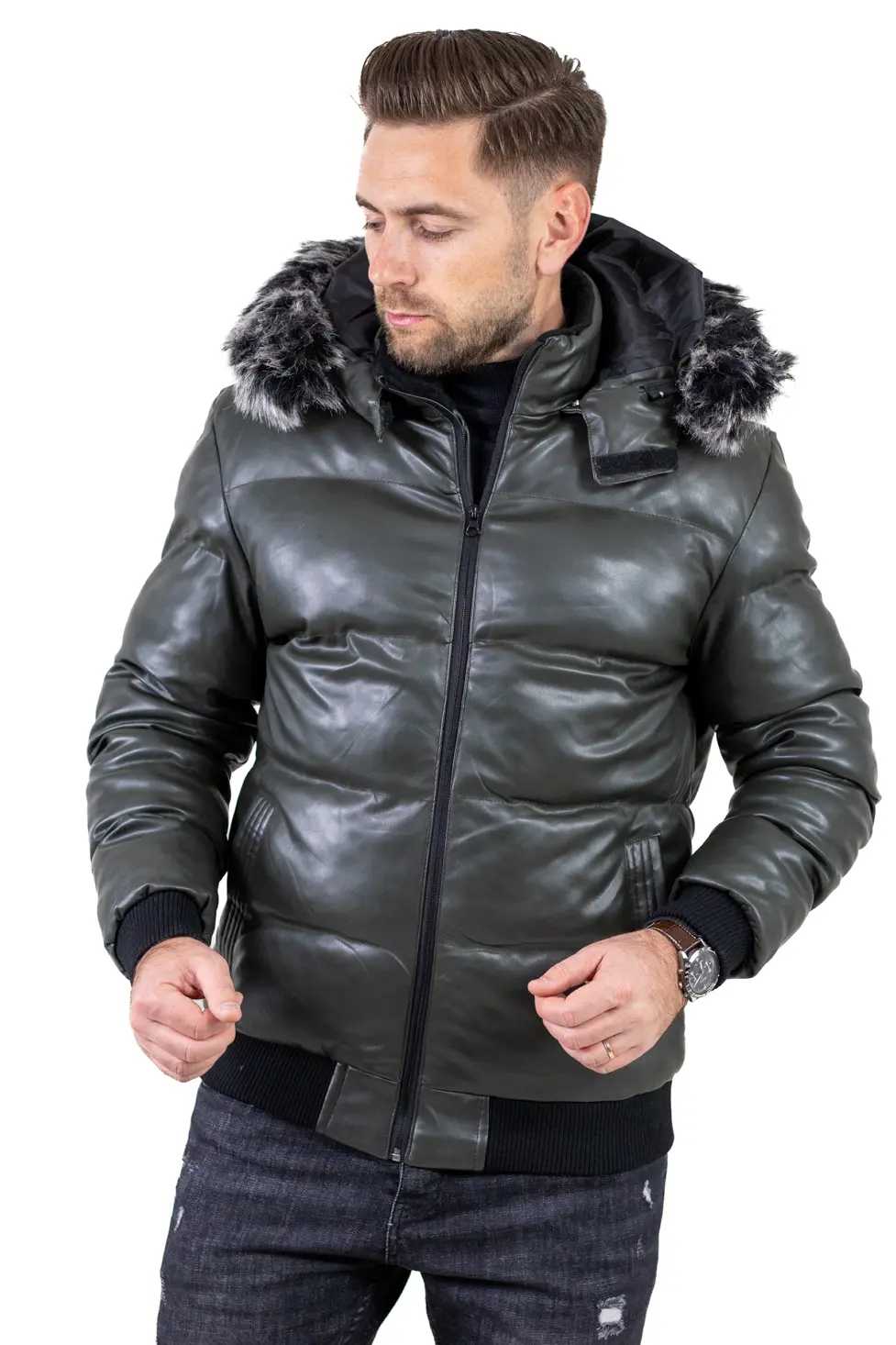 Geacă iarnă bărbați din piele ecologică cu blăniță [1]