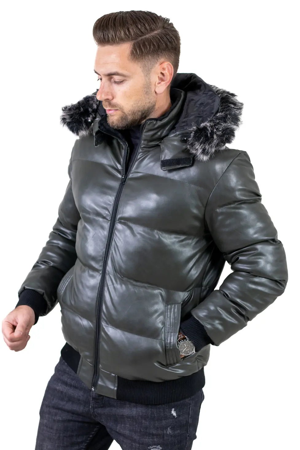 Geacă iarnă bărbați din piele ecologică, croială dreaptă [12]