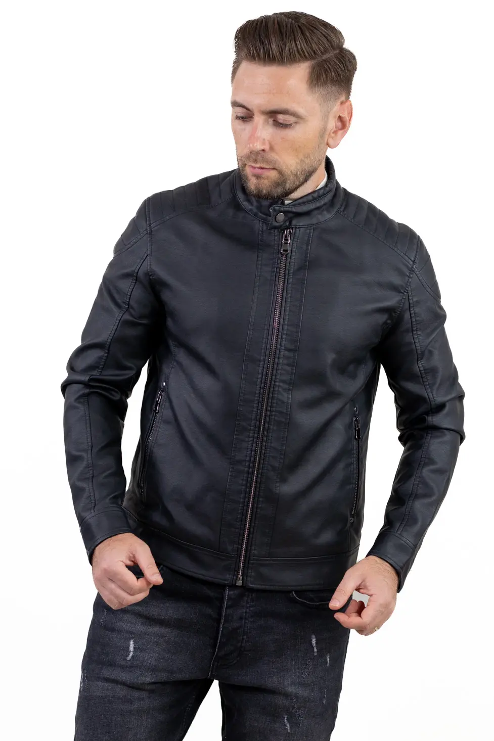 Geaca eco-piele neagra slim fit [5]