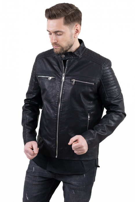 Geaca eco-piele neagra cu fermoare [5]