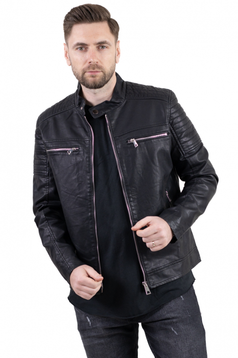 Geaca eco-piele neagra cu fermoare [3]