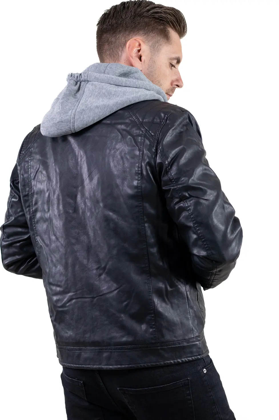Geacă piele ecologică bărbați cu glugă detașabilă – neagră | Maxwear [3]