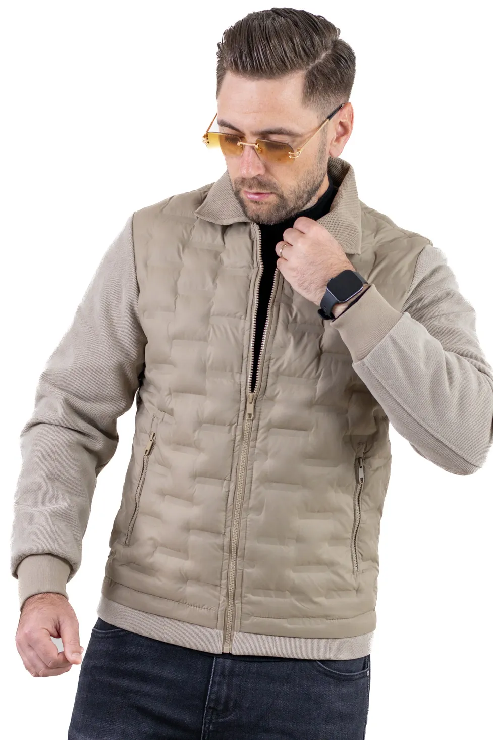 Geacă eleganta matlasată cu mâneci din tricot bej [6]